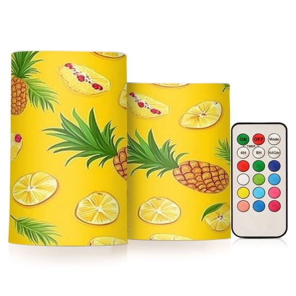Pineapple Seamless Pattern Flameless LED Candle Set with Remote, Battery Operated Color Changing Pillar Candles, Set of 2