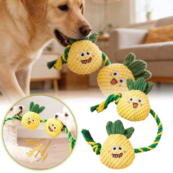 Pineapple Shaped Interactive Dog Chew Toy, Tug of War Rope with Squeaker, Durable Plush for Aggressive Chewers and Puppy Teething, Yellow
