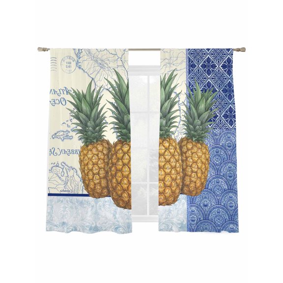 Pineapple Sheer Curtains 2 Panels Set Blue White Porcelain Vintage Map Summer Sheer Window Curtains Light Filtering Rod Pocket Voile Drapes for Bedroom Living Room 52"x63"