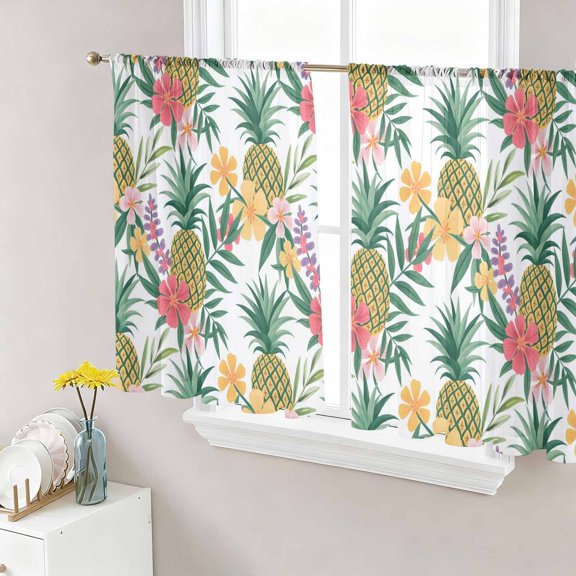 Pineapple Sheer Curtains 54 Inch Length 2 Panels Set, Summer Nature Tropical Fruit Flowers Leaves Voile Window Treatment Rod Pocket Short Kitchen Curtains Drapes for Bedroom 52"x54"x2