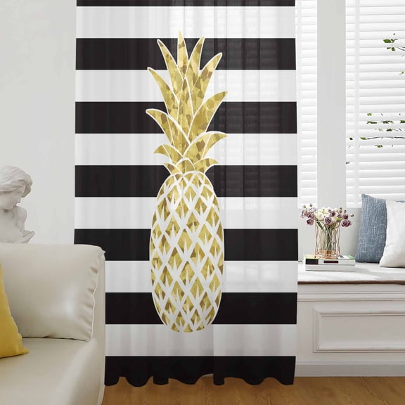 Pineapple Sheer Curtains 54 Inches Long for Living Room/Bedroom, Modern Abstract Fruits Black White Stripe Rod Pocket Voile Kitchen Curtains & Drapes Window Treatment 1 Panel, 52"W x 54"L