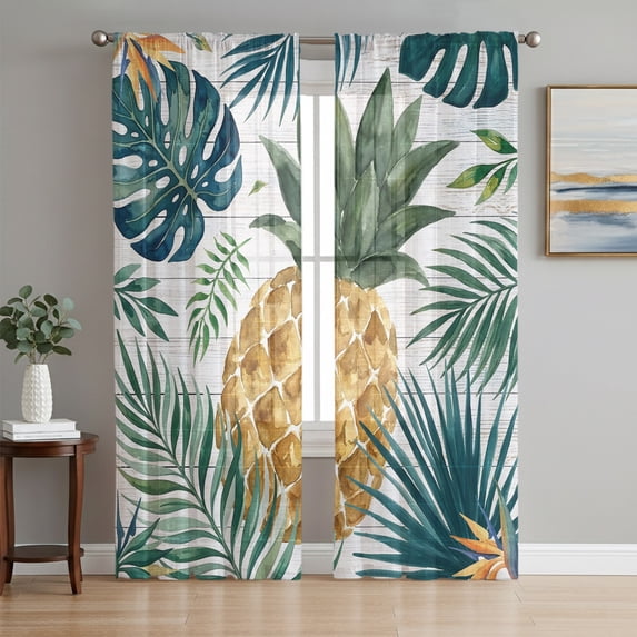 Pineapple Sheer Curtains 84 Inch Length 2 Panels Set, Summer Fruits Tropical Palm Monstera Leaves Voile Window Treatment Rod Pocket Curtains Sheers Drapes for Bedroom/Living Room/Kitchen 52"x84"x2