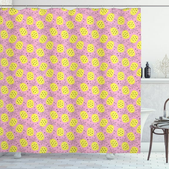 Pineapple Shower Curtain, Rhythmic Tropical Fruit Hearts Pop Art Style Motifs Illustration Pattern, Fabric Bathroom Set with Hooks, 69W X 75L Inches Long, Baby Pink Yellow, by Ambesonne