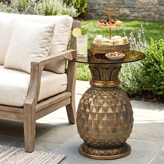 Pineapple Side Table, 23.62" Yellow Outdoor Patio End Table with Tempered Glass Top, Indoor Plant Stand for Living Room, Garden, Balcony & Bedroom, Vintage Accent Table