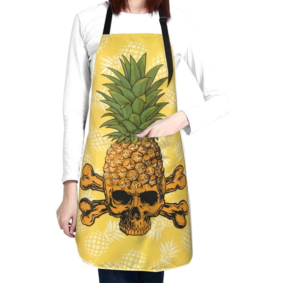 Pineapple Skull Waterproof Apron With 2 Pockets, Adjustable Oxford Kitchen Aprons For Cooking, Baking, Gardening, Painting & Grooming, Chef Bib For Women & Men
