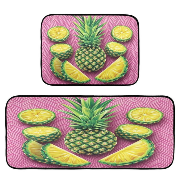 Pineapple Slices 2-Piece Kitchen Carpet Mat Set, Non-Slip Memory Foam, Soft for Kitchen and Living Room Use