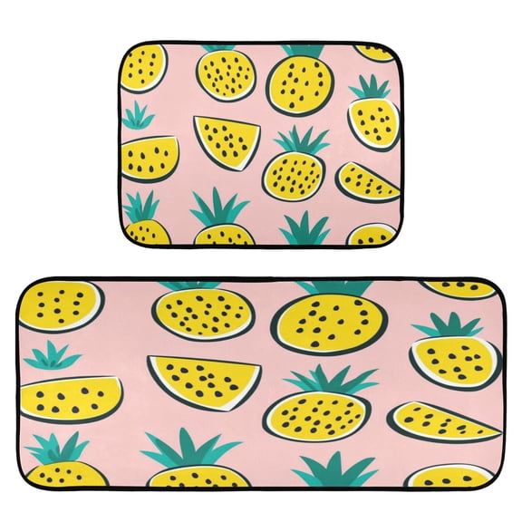 Pineapple Slices Pattern 2-Piece Kitchen Carpet Mat Set, Non-Slip Memory Foam, Soft for Kitchen and Living Room Use