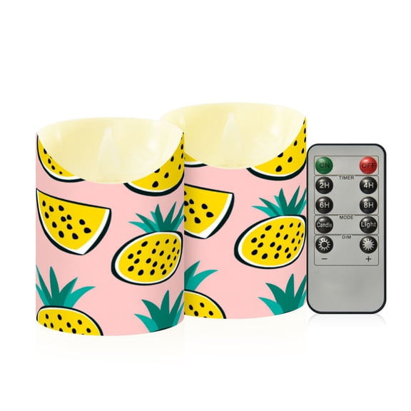 Pineapple Slices Pattern Flameless Candles 2 PCS with Remote Realistic Moving Flame LED Tapered Pillar Set for Home Decor