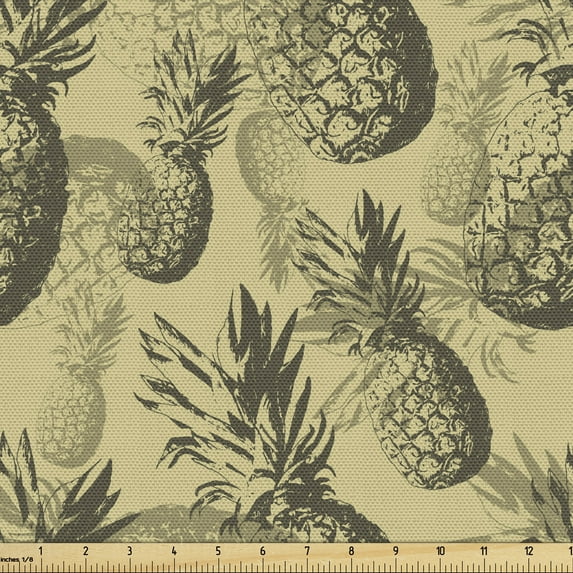 Ambesonne Pineapple Fabric by the Yard Upholstery, Tropic Grunge Pattern, 5 Yards, Pale Brown Dark Green