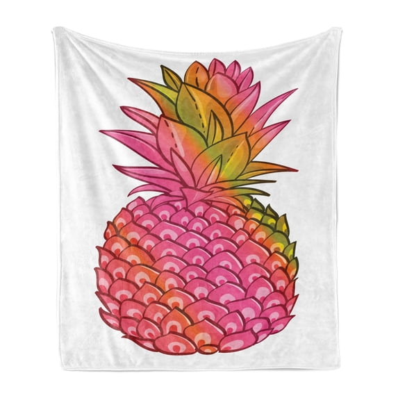 Pineapple Soft Flannel Fleece Blanket, Exotic Tropical Organic Fruit Hand-drawn Illustration in Gradient Energetic Color, Cozy Plush for Indoor and Outdoor Use, 70" x 90", Multicolor, by Ambesonne