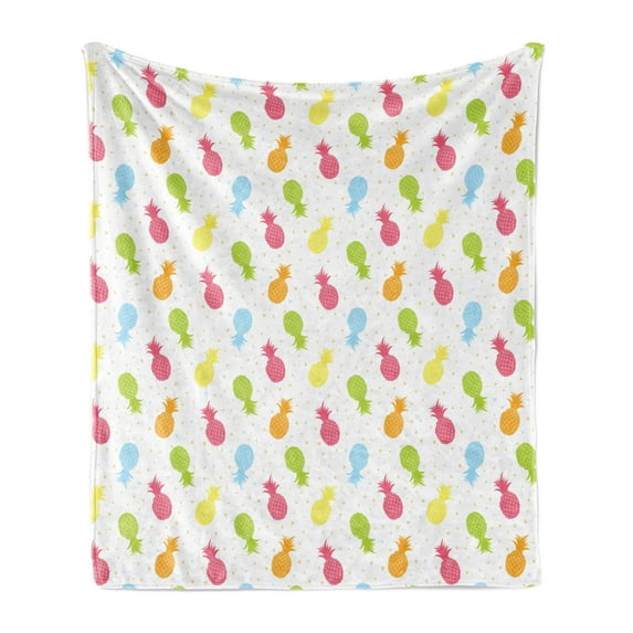 Pineapple Soft Flannel Fleece Blanket, Fresh Tropical Fruits Hand Drawn Hawaii Foliage on Colorful Triangles Background, Cozy Plush for Indoor and Outdoor Use, 70" x 90", Multicolor, by Ambesonne