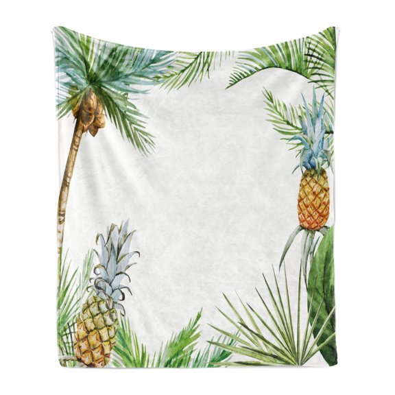 Pineapple Soft Flannel Fleece Blanket, Watercolor Tropical Island Style Border Print Exotic Fruit Palm Trees and Leaves, Cozy Plush for Indoor and Outdoor Use, 50" x 60", Multicolor, by Ambesonne