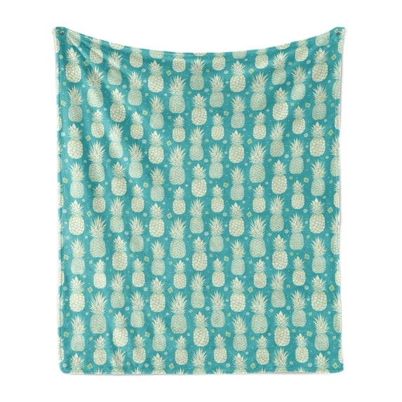 Pineapple Soft Flannel Fleece Throw Blanket, Abstract Summer Pattern with Exotic Fruit and Minimal Ornaments, Cozy Plush for Indoor and Outdoor Use, 60" x 80", Pale Yellow Turquoise, by Ambesonne