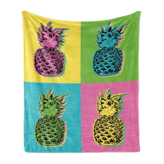 Pineapple Soft Flannel Fleece Throw Blanket, Colorful Summer Pop Art Design with Retro Fruit Illustration in Vibrant Colors, Cozy Plush for Indoor and Outdoor Use, 70" x 90", Multicolor, by Ambesonne