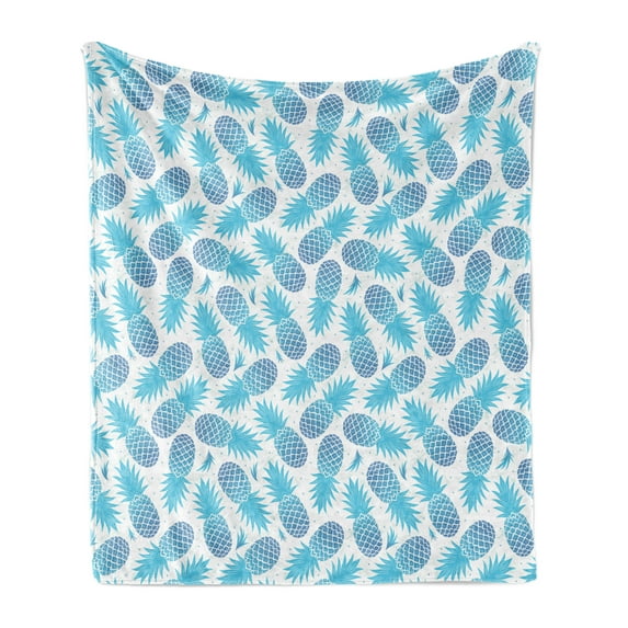 Pineapple Soft Flannel Fleece Throw Blanket, Foliage Silhouettes Exotic Fruits Eighties Vintage Design Inspirations, Cozy Plush for Indoor and Outdoor Use, 70" x 90", Blue and Pale Blue, by Ambesonne