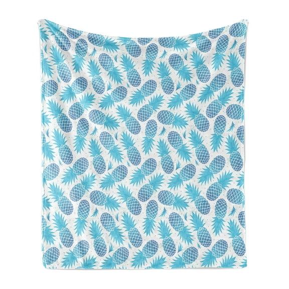 Pineapple Soft Flannel Fleece Throw Blanket, Foliage Silhouettes Exotic Fruits Eighties Vintage Design Inspirations, Cozy Plush for Indoor and Outdoor Use, 70" x 90", Blue and Pale Blue, by Ambesonne