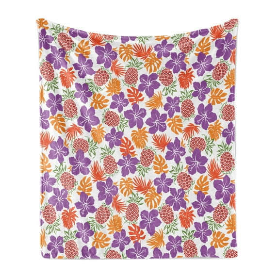 Pineapple Soft Flannel Fleece Throw Blanket, Lively Colored Print Natural Leaves Hibiscus Flowers Pineapples Tropic Hawaii, Cozy Plush for Indoor and Outdoor Use, 50" x 70", Multicolor, by Ambesonne