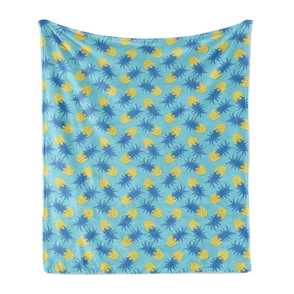 Pineapple Soft Flannel Fleece Throw Blanket, Summer Fruits Tasty Tropical Vegan Ananas Summertime Demonstration, Cozy Plush for Indoor and Outdoor Use, 60" x 80", Azure Blue and Mustard, by Ambesonne