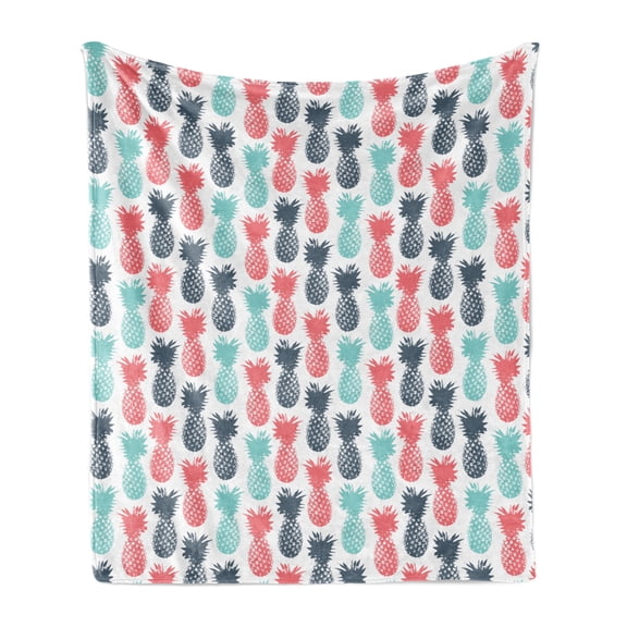 Pineapple Soft Flannel Fleece Throw Blanket, Summer Island Tropic Fruit Pattern Stamped Minimal Backdrop Pop Art, Cozy Plush for Indoor and Outdoor Use, 60" x 80", Turquoise White Coral, by Ambesonne
