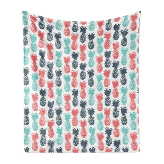 Pineapple Soft Flannel Fleece Throw Blanket, Summer Island Tropic Fruit Pattern Stamped Minimal Backdrop Pop Art, Cozy Plush for Indoor and Outdoor Use, 60" x 80", Turquoise White Coral, by Ambesonne