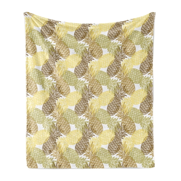 Pineapple Soft Flannel Fleece Throw Blanket, Summer Themed Overlapping Curving Exotic Tropical Pineapples with Lines Print, Cozy Plush for Indoor and Outdoor Use, 50" x 60", Multicolor, by Ambesonne