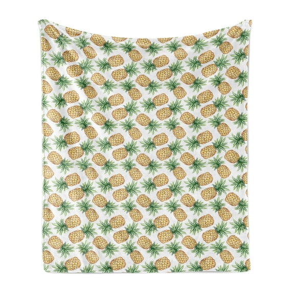 Pineapple Soft Flannel Fleece Throw Blanket, Tropical Themed Watercolor Juicy Pineapples Patterns, Cozy Plush for Indoor and Outdoor Use, 70" x 90", Emerald Mustard, by Ambesonne