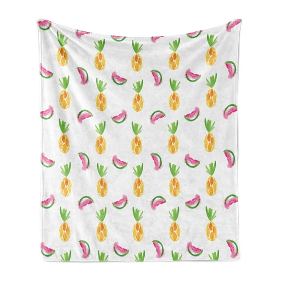 Pineapple Soft Flannel Fleece Throw Blanket, Pineapple and Watermelon Fruit Themed Minimal Sketch Pastel Watercolor Pattern, Cozy Plush for Indoor and Outdoor Use, 50" x 70", Multicolor, by Ambesonne