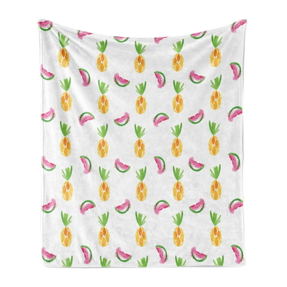 Pineapple Soft Flannel Fleece Throw Blanket, Pineapple and Watermelon Fruit Themed Minimal Sketch Pastel Watercolor Pattern, Cozy Plush for Indoor and Outdoor Use, 50" x 70", Multicolor, by Ambesonne