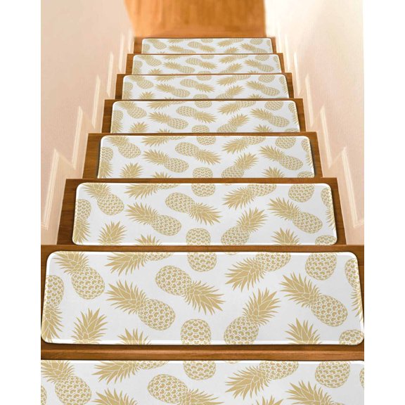Pineapple Stair Treads for Wooden Steps Indoor Runner Rug Carpet, Yellow Summer Tropical Fruit Minimalist 4 Pieces Peel and Stick Staircase Step Treads Covers Washable Throw Door Mats, 30"x8"