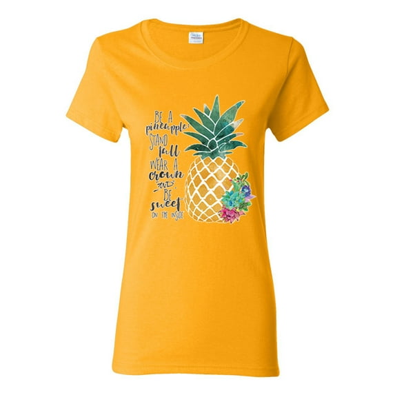 Pineapple Stand Tall Wear Crown And Stay Sweet Inside Arty Inspirational Pop Culture Womens Graphic T-Shirt, Gold, 3XL