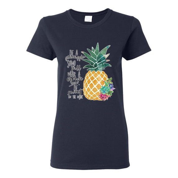 Pineapple Stand Tall Wear Crown And Stay Sweet Inside Arty Inspirational Pop Culture Womens Graphic T-Shirt, Navy, 2XL