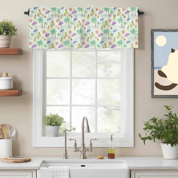 Pineapple Starfish Coconut Tree Valances for Windows,Kitchen Valance Rod Pocket Short Curtain, Summer Seaside Ocean Theme Valance Curtain Window Valances for Bedroom Bathroom Living Room 54x18in
