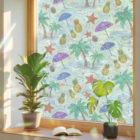 Pineapple Starfish Coconut Tree Window Privacy Film, Rainbow Film Decorative Window Sticker 17.7x39.3in, Summer Seaside Ocean Theme Sun Blocking Static Stained Glass Cling Tint Non-Adhesive