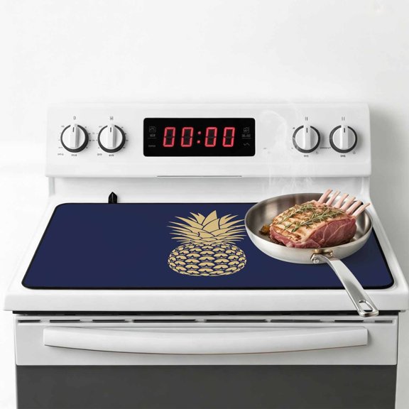 Pineapple Stove Top Cover for Electric Stove, Heat-proof & Non Slip Glass Top Stove Cover Protector, Gold Yellow Navy Blue Tropical Fruit Summer Kitchen Flat Cooktop Rubber Mat 28.5x20.5 Inches