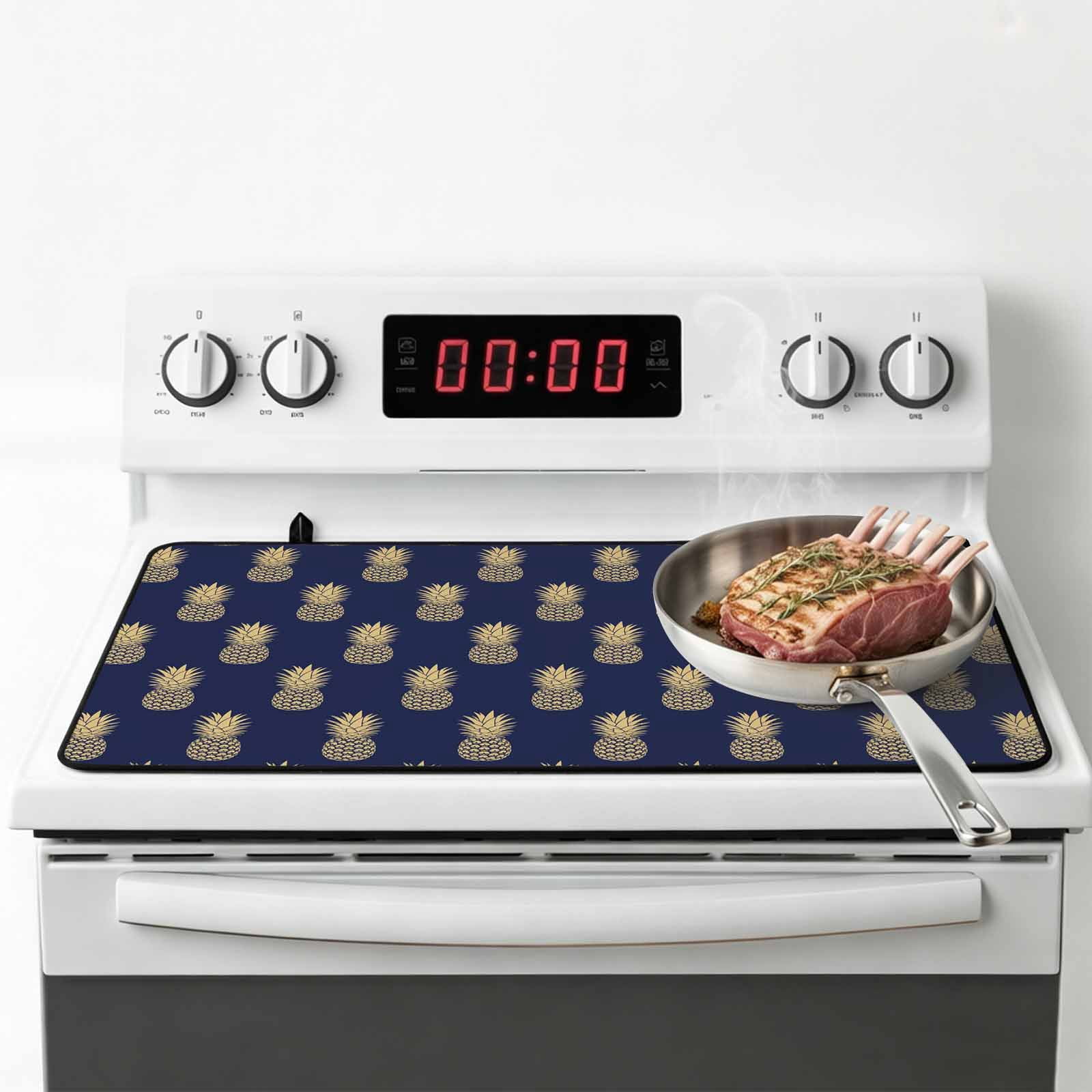 Pineapple Stove Top Cover for Electric Stove, Heat-proof & Non Slip Glass Top Stove Cover Protector, Yellow Fruit Navy Blue Summer Tropical Kitchen Flat Cooktop Rubber Mat 28.5x20.5 Inches