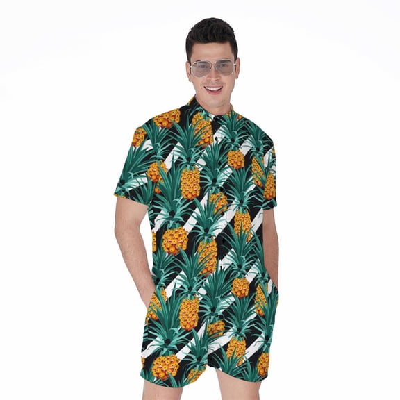 Pineapple Striped Pattern Short Sleeve Men'S Rompers Casual Summer Jumpsuits Outfit