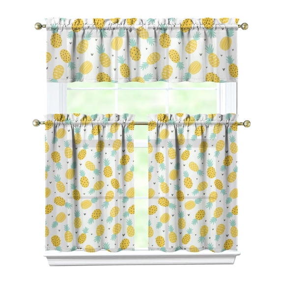 Pineapple Sunshine Kitchen Curtains Set, Hawaiian Yellow Fruit Tier and Valance with Tropical Print, Fresh Summer Plant Decor for Window, Dining or Nursery Room
