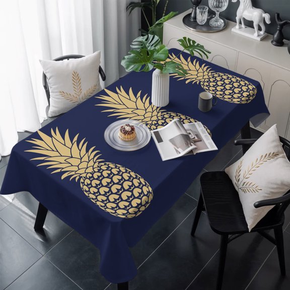 Pineapple Table Cloth Waterproof Tablecloths, Gold Yellow Navy Blue Tropical Fruit Summer Tablecloth Dining Table Cover for Kitchen Party Tabletop Outdoor, Rectangle Tablecloth 60x120 Inch