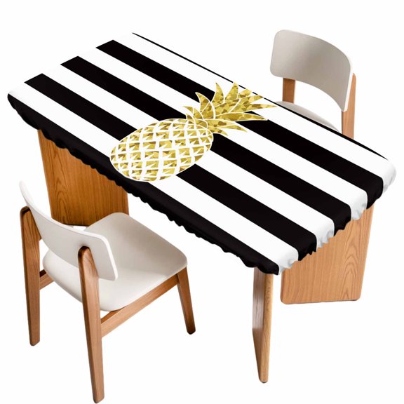 Pineapple Table Cloths for 3 Foot Rectangle Tables, Modern Abstract Fruits Black White Stripe Patio Waterproof Elastic Fitted Tablecloths, Washable Rectangular Table Cover for Camping