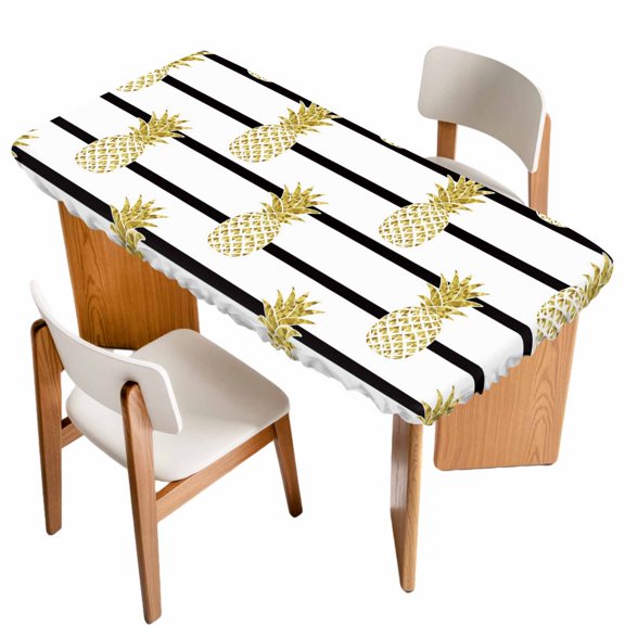 Pineapple Table Cloths for 3 Foot Rectangle Tables, Modern Abstract Yellow Fruits Stripes Patio Waterproof Elastic Fitted Tablecloths, Washable Rectangular Table Cover for Camping