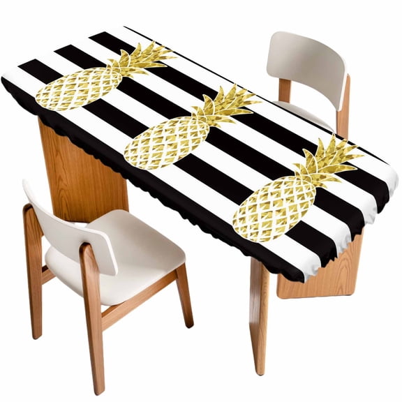 Pineapple Table Cloths for 8 Foot Rectangle Tables, Modern Abstract Fruits Black White Stripe Patio Waterproof Elastic Fitted Tablecloths, Washable Rectangular Table Cover for Camping