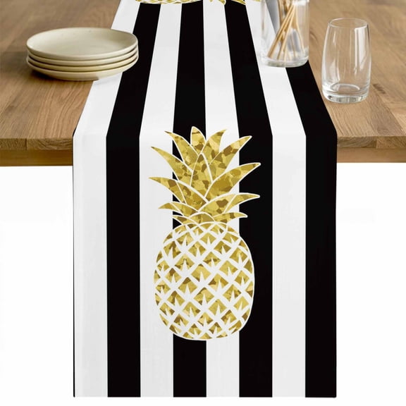 Pineapple Table Runner 70 Inches Long Farmhouse Dress Scarves, Modern Abstract Fruits Black White Stripe Dining Tablerunner for Coffee Table/Kitchen Island/Party Décor, 13" x 70"