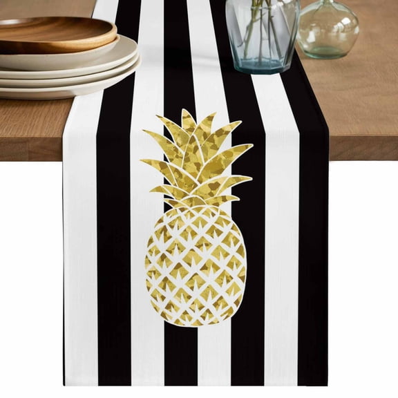 Pineapple Table Runner 70 Inches, Modern Abstract Fruits Black White Stripe Bed Runner Dresser Scarves Tabletop for Indoor Outdoor Parties/Ceremony/Banquet, 13" x 70"
