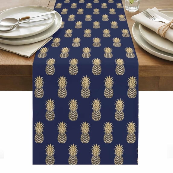 Pineapple Table Runner - 72 Inch Long, Kitchen Dining Table Runner Dresser Scarves, Yellow Fruit Navy Blue Summer Tropical Farmhouse Decor for Coffee Tables Wedding Party Banquet