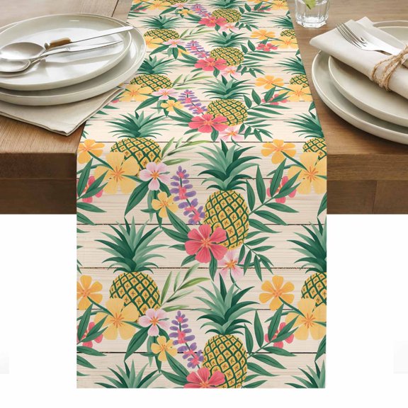 Pineapple Table Runner Farmhouse Fruit Flowers Leaves Wooden Grain Tablerunners 13 x 48 Inch, Table Decorations Tabletop Scarf for Summer Gathering Holiday Farmhouse Kitchen Dining Decor