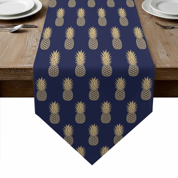 Pineapple Table Runner Linen Burlap Table Runner 36 Inches Small Yellow Fruit Navy Blue Summer Tropical Dresser Scarves for Kitchen Island Coffee Dining Room Party Wedding Holiday Decoration 13"x36"