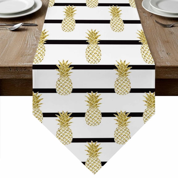 Pineapple Table Runner Linen Burlap Table Runner 72 Inches Long Modern Abstract Yellow Fruits Stripes Dresser Scarves for Kitchen Island Coffee Dining Room Party Wedding Banquet Holiday Decor 13"x72"