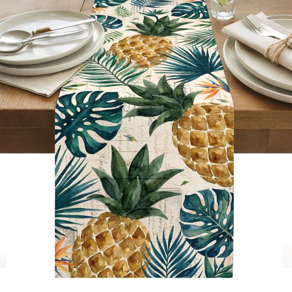 Pineapple Table Runner Summer Fruits Tropical Palm Leaves Botanical Tablerunners 13 x 72 Inch, Table Decorations Tabletop Scarf for Summer Gathering Holiday Farmhouse Kitchen Dining Decor