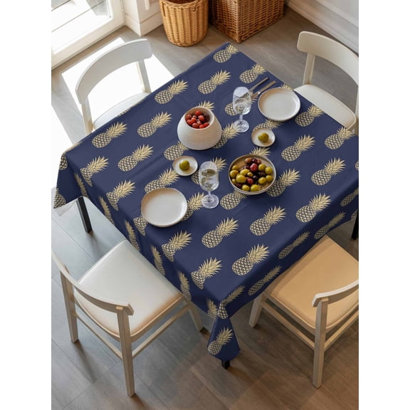 Pineapple Tablecloth Square Table Cloth 54x54, Waterproof Outdoor Table Cloth Covers Decorative Table Protector, Yellow Fruit Navy Blue Summer Tropical Washable Table Cover for Kitchen Dinning Party