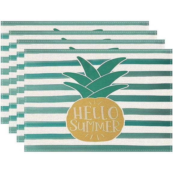 Pineapple on Teal and White Stripes Place Mat 4PCS Holiday Seasonal Heat Resistant Place Mats Dining Placemats Cotton Linen Table Placemat Table Decoration Holiday Banquet Kitchen Dining